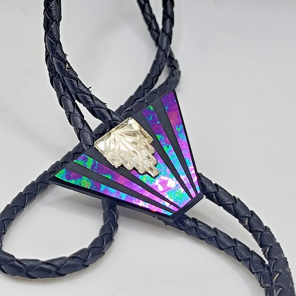 Modernist Southwestern Style Iridescent Inlay Bolo Tie Cowboy Western Formal 36"